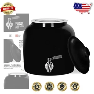 Elegant Black Geo Porcelain Water Crock with Stainless Steel Faucet - 3.2 Gal - Picture 1 of 7