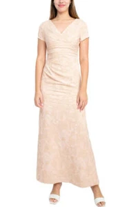 Adrianna Papell V-Neck Short Sleeve Pleated Gathered Side Zipper Back Matelasse - Picture 1 of 4
