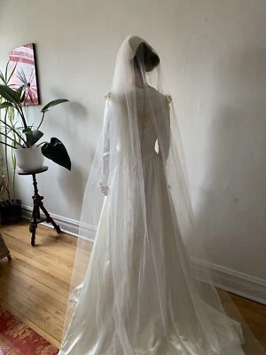 Vintage Ivory Satin Wedding Dress and Veil, Size 6/8 - Image 1 of 4