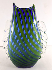 Art Glass Fish Vase Open Mouth Blue Green Striped Blenko ? 11" Chip On One Fin