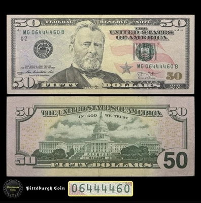 06444460 2013 $50 Fifty Dollar Bill Radar Palindrome Fancy Serial FR 2132-G VF - Image 1 of 4