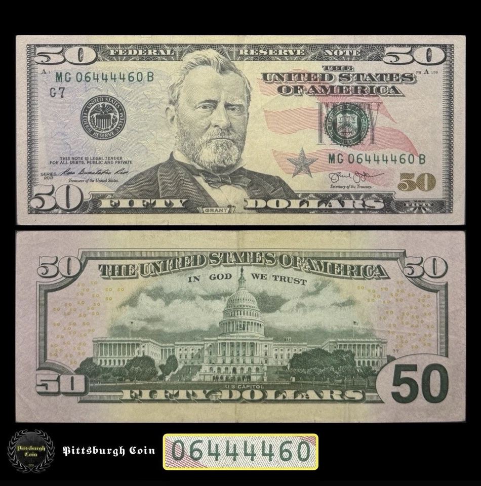 06444460 2013 $50 Fifty Dollar Bill Radar Palindrome Fancy Serial FR 2132-G VF - Image 1 of 4