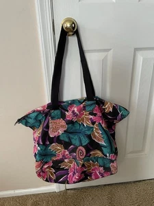 Bright Colorful Floral Tote Bag Canvas Black Handles - Picture 1 of 8