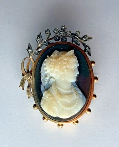 Broche en or 18 carats poinçon aigle Camée signé agate femme diadème XIXème - Picture 1 of 24