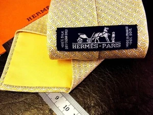 HERMES Neck tie Silk Yellow Green Logo japan seller N0114 16 Made in France - Picture 1 of 2