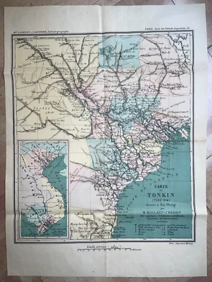 ТОНКИН C. 1883 MALLART-CRESSIN БОЛЬШАЯ АНТИКВАРНАЯ ПОДРОБНАЯ КАРТА - Изображение 1 из 4