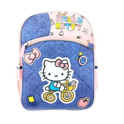 Hello Kitty 16 " Bambini' Deluxe Zaino Scuola - Blu Denim Rosa Nuovo - Immagine 1 di 4