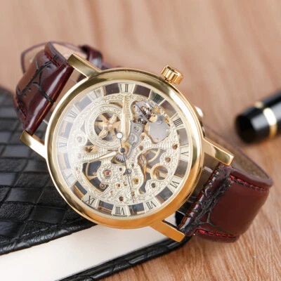 Winner Mechanical Watch for Men Leather Strap Analog Skeleton Wristwatch Gifts - Image 1 of 4