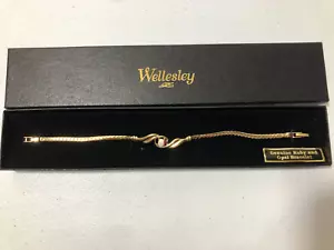 WELLESLEY Gold plate Genuine oval Opal Gemstone Tiny ruby 8 inch long Bracelet - Picture 1 of 11