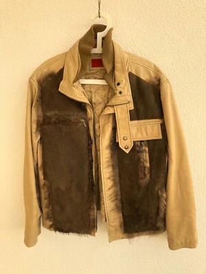 OFFSET Lederjacke beige mit braunem Wildleder und Fellbesatz Gr. 50 - Bild 1 von 4