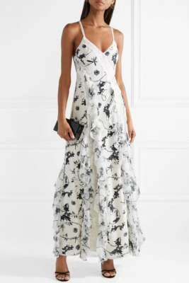 ALICE + OLIVIA Jayda Black Ivory Floral Print Silk Lace Ruffle Maxi Dress 10 = M - Image 1 of 4