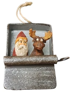 The Krafts Factory SANTA & REINDEER In Sardine Tin Ornament 5" HTF - Picture 1 of 3