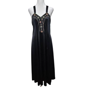 VTG 70's Vanity Fair Sz L Babydoll Nightgown Peignoir Black Gold Embroidery - Picture 1 of 7
