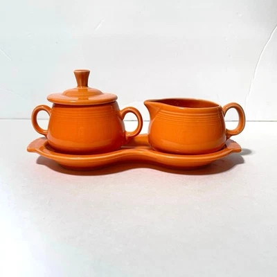Vintage Fiestaware Sugar & Creamer Tray 4- Piece Set in Retired Tangerine Orange - Image 1 of 4