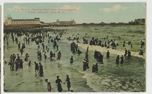People Beach Scene & STEEL STEEPLECHASE PIERS Atlantic City NJ cartolina DB - Foto 1 di 2