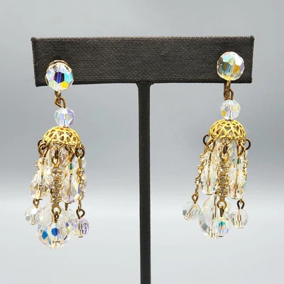 Pendientes de clip colgantes vintage transparentes AB Briolette cristal estrás Foto 1 de 4