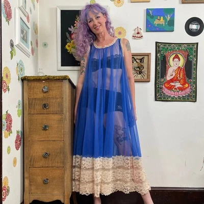 Vintage Electric Blue Peignoir, 1960s Sleeveless Open Front Chiffon Robe, OS - Image 1 of 4