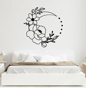 Flowers Moon Large Wall Decal Abstract Vinyl Décor Leaves Sticker Floral Gold - Picture 1 of 6