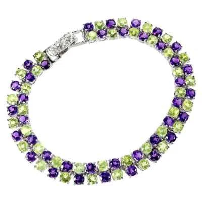 Silver Bracelet Amethyst Peridot Genuine Natural Gems Solid Sterling 7 1/2 Inch - Image 1 of 4