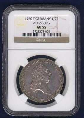 GERMAN STATES - AUGSBURG  1760-T  1/2 TALER SILVER COIN  NGC CERTIFIED AU55 - Image 1 of 2