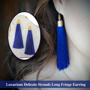Luxurious Royal Navy Blue Silk Thread Tassel Fringe Dangle Gold Drop Earrings - Picture 1 of 6