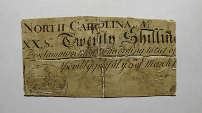 1754 Twenty Shillings North Carolina NC Colonial Currency Note Bill! 20s! RARE! - Image 1 of 2