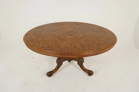 Antique Victorian Burr Walnut Snap Top Loo Dining Table, Scotland 1880, H121 Cover