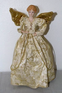 Christmas Angel Tree Topper with Gold Puffy Wings Porcelain Head & Hands 14" - Picture 1 of 9