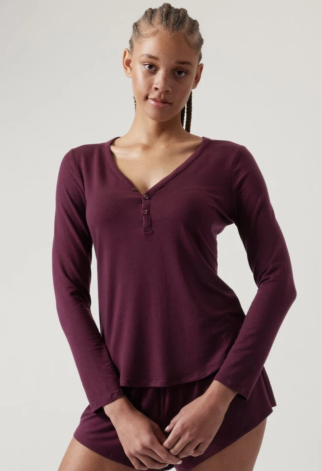 Athleta Nighttime Bliss Sleep Top Medium Burgundy Long Sleeve Henley Button