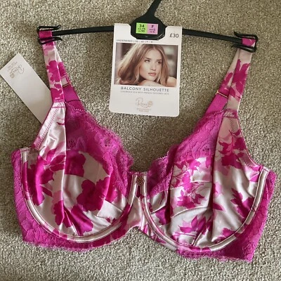 MARKS & SPENCER RRP £30 M&S Size 34F Rosie Silk With French Lace Balcony Bra Pink Mix Non Padded