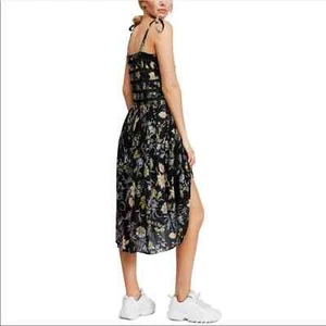 FREE PEOPLE Isla Black XS Floral Midi Smocked Dress NEW Tie Shoulder Revolve - Picture 1 of 10