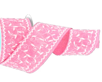 Valentine Pink 2.5" by 5 yards Wired Ribbon Spring Summer Faux Embroidery - Image 1 of 4