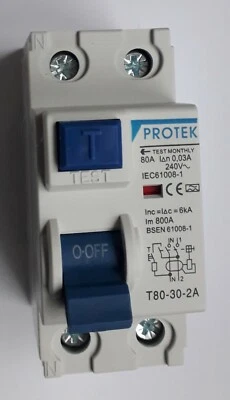 PROTEK 80A 2 Pole 2 Module 30mA Trip RCD T80-30-2/A fits most domestic units - Image 1 of 4