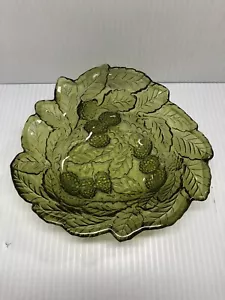 Vintage- Indiana Glass Olive Green Loganberry Leaf Candy Dish Bowl - Picture 1 of 6
