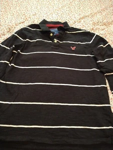 American Eagle Shirt Mens L Black & White Striped Long Sleeve Polo Vintage - Picture 1 of 9