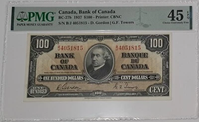 1937 Bank of Canada $100 Dollars  SN# BJ 4051815 PMG45 EPQ Gordon/Towers Note - Image 1 of 4