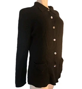 Merino Wool Cardigan Sweater Women's XL Black Button Up Pockets Preppy Club Room - Picture 1 of 14