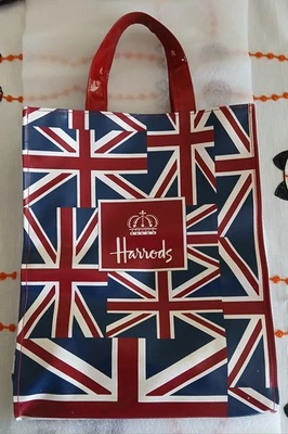 Harrods Vinyl Tote Bag - Union Jack Print - Large Shopper / Book Bag - London - Image 1 of 4