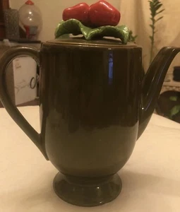 Vintage Tilso Olive Green Ceramic Teapot With Strawberries On Lid Japan - Picture 1 of 5