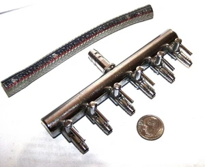 MANIFOLD USD BRASS CHROME (6) .133"ID BARB 360 DEG VALVES (1) .212"ID BARB INLET - Picture 1 of 9