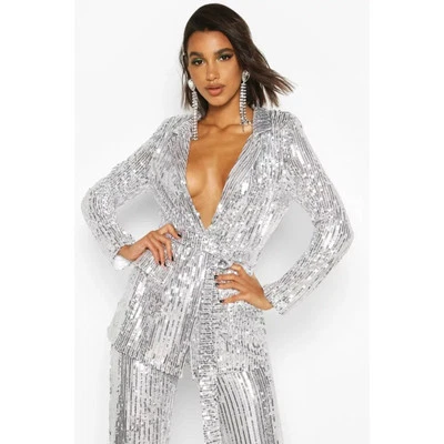 Boohoo Sequin Tie Belt Blazer Silver Women's Size 8 - Image 1 of 4