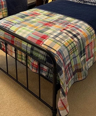 Pottery Barn Kids Quilt Madras Plaid Patchwork Reversible Twin+Euro Sham Cotton - Image 1 of 4