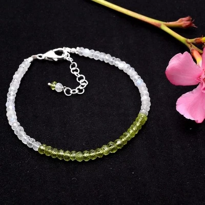 Grüner Peridot & Mondstein facettierte Rondelle Edelstein Perlen 2 Multi Armb... - Bild 1 von 4