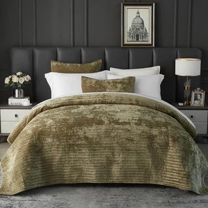 Velvet Quilt Size Luxurious Velvet Coverlet Bedding Set Queen Olive Green - Picture 1 of 7