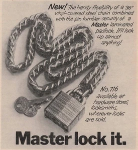 1970 Vintage Print Ad Master lock it 36” vinyl steel cvrd chain No. 716 Padlock - Picture 1 of 2