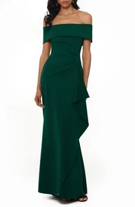 Vestido Xscape con volantes fuera del hombro - verde cazador para mujer 8 nuevo con etiquetas - Imagen 1 de 2