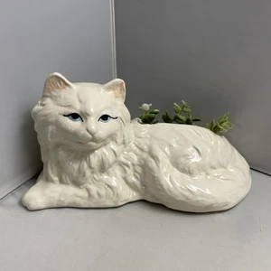 Vintage White Kitty Cat Planter Ceramic Pink Nose Laying Kitten Hand Painted - Picture 1 of 15