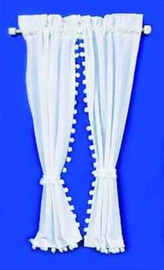 Dollhouse Miniature Curtain - Country with Ball Trim - White, by Barbara O'Brien - Picture 1 of 1