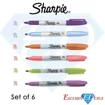 Set of 6 Sharpie Fine Point Permanent Marker Pens Vibrant Smooth Bold Lines