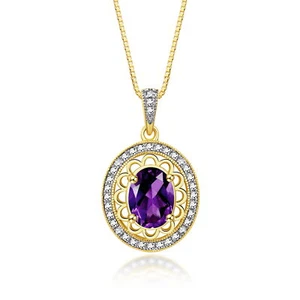 RYLOS Gold-Plated Silver Halo Necklace: Gemstone & Diamond Pendant, 18" Chain - Picture 1 of 28